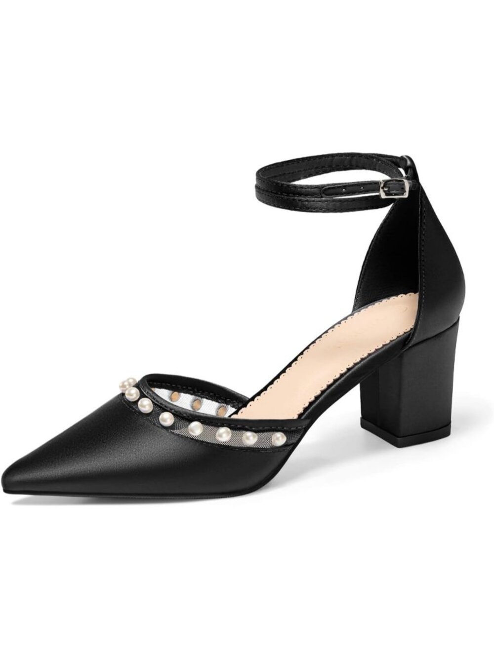 Women's Black Pearl Chunky Heels Closed Pointed Toe Ankle Strap Shoes